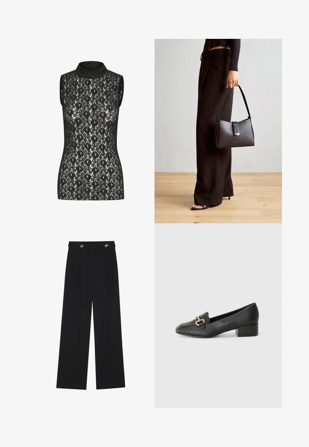 Černý krajkový top bez rukávů s vysokým výstřihem, zdobený složitým květinovým vzorem a těsným střihem. Na látce je viditelný jemný lesk.; Černé široké kalhoty s vysokým pasem, detailní knoflíky na pase a přední záhyby.; Černé kožené loferské boty s plochým podpatkem, zdobené zlatým kovovým detailem na přední straně a hladkým povrchem.; Černá kabelka se strukturovaným tvarem, hladkým povrchem a kovovým uzávěrem. Kombinována s širokými černými kalhotami a sandály s otevřenou špičkou na dřevěné podlaze.