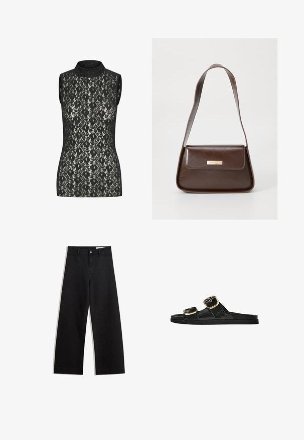 Schwarzes Spitzen-Top ohne Ärmel mit hohem Kragen, das ein filigranes Blumendesign und eine figurnahe Passform aufweist. Leichter Glanz auf dem Stoff sichtbar.; Schwarze weit geschnittene Jeans mit hoher Taille, ausgestattet mit Vorder- und Hintertaschen, gesteppten Nähten und einem Knopfverschluss. Glatte Textur.; Schwarze Riemensandale mit zwei goldenen Schnallendetails, glattem Material, flachem Sohlen und minimalistischer Gestaltung.; Braune Lederschultertasche mit strukturierter Form, ausgestattet mit einem magnetischen Klappenverschluss und einem metallischen Logoakzent auf der Vorderseite.