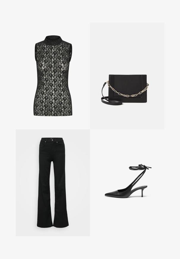 Schwarzes Spitzen-Top ohne Ärmel mit hohem Kragen, das ein filigranes Blumendesign und eine figurnahe Passform aufweist. Leichter Glanz auf dem Stoff sichtbar.; Schwarze, ausgestellte Jeans aus Denim, mit hoher Taille, fünf Taschen und Metallknopfverschluss. Glatte Textur mit minimaler Gestaltung.; Schwarzer Leder-Stiletto mit spitzem Zehenbereich, offenem Fersenbereich und mit einer Schleife gebundenen Knöchelriemen. Schlanker 3-Zoll-Absatz. Glatte Textur, minimalistisches Design.; Schwarze Leder-Crossbody-Tasche mit glatter Textur, rechteckiger Form und metallic-kettendetail auf der Vorderseite. Verstellbarer Gurt inklusive.