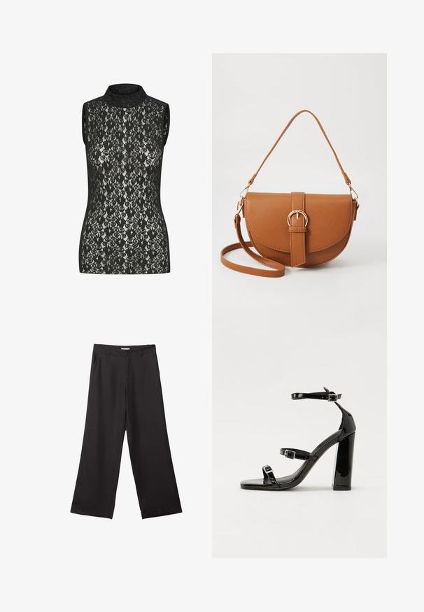 Musta pitsinen hihaton toppi korkealla kauluksella, jossa on monimutkainen kukkakuosi ja tiivis muotoilu. Kankaassa näkyy kevyt kiilto.; Mustat leveälahkeiset housut, jotka on valmistettu sileästä kankaasta. Niissä on edessä vetoketju ja kaksi sivutaskua, ja niiden muotoilu on räätälöity ja minimalistinen.; Musta kiiltävä korkokenkä sandaalit neliönmuotoisella varpaalla, nilkkaremmillä ja hopeisilla soljilla. Varustettu tukevalla lohkokorkealla vakauden takaamiseksi.; Ruskean nahkainen olkalaukku, jossa on kaareva muoto, kultaiset yksityiskohdat ja solkiyksityiskohta. Varustettu irrotettavalla olkahihnalla.