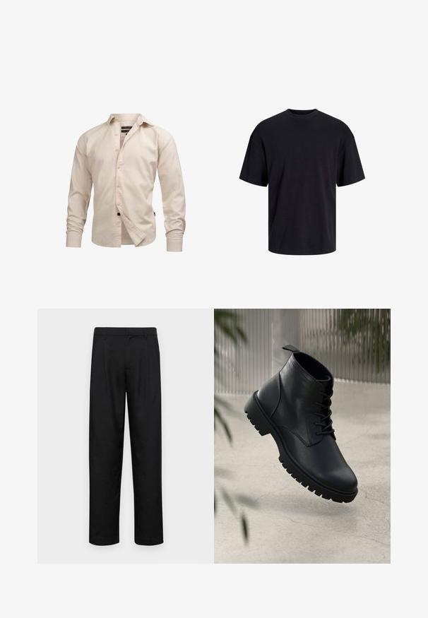 Ljust beige långärmad skjorta med knappar och krage, med en enfärgad textur och standardmanschetter, framslits och svart etikettdekor.; Svart bomullströja med rundad halsringning, korta ärmar och avslappnad passform. Slät textur utan synliga mönster eller detaljer.; Svarta byxor i slät väv, med rak ben-design, två framfickor och standardmidja med bälteshällor.; Svarta läderankelboots med rund tå, snörningsdesign och robust gummisula. Slät yta med dragflik bak.