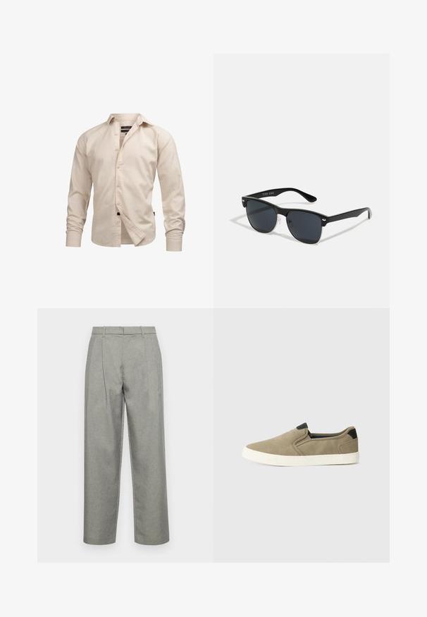 Lys beige langermet skjorte med krage, med en enkel tekstur, standard mansjetter, frontplacket og svart merkeakent. ; Grå skreddersydde bukser laget av teksturert stoff, med rett benkonstruksjon, frontfold og standard midje med beltesløyfer.; Taupe slip-on sko med teksturert stoffoverflate, kontrasterende svart hæl og hvit gummisåle. Perforert design for ventilasjon.; Sorte solbriller med rektangulær form, mørke linser, sølvfargede detaljer ved templene, og en matt finish på rammen.
