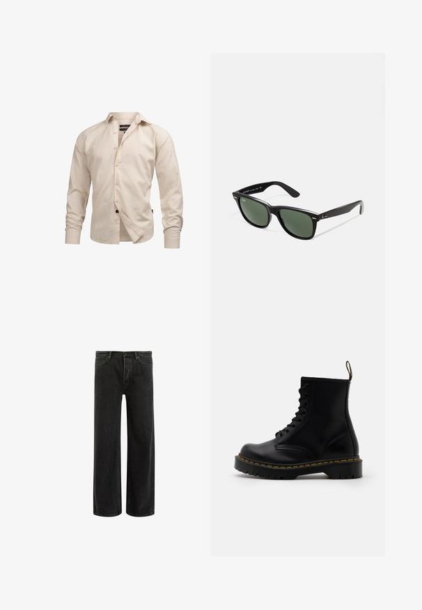 Helles beige Langarm-Hemd mit Knopfleiste und Kragen, das eine schlichte Textur sowie Standardmanschetten, eine vordere Knopfleiste und einen schwarzen Etikettenakzent aufweist.; Schwarze, weit geschnittene Jeans aus Denim mit hoher Taille, im klassischen Fünf-Taschen-Design und subtilem Verblassen für eine strukturierte Optik.; Schwarze Leder-Ankle-Boots mit schnürbarem Vorderteil, gelben Nähten, runder Zehenpartie und dicker, strukturierter Gummisohle.; Schwarze Plastiksonnenbrille mit grünen Gläsern, quadratischen Rahmen, silbernem Akzent auf der Augenbraue und strukturierten Bügeln. Angegebene Marke auf dem inneren Bügel.