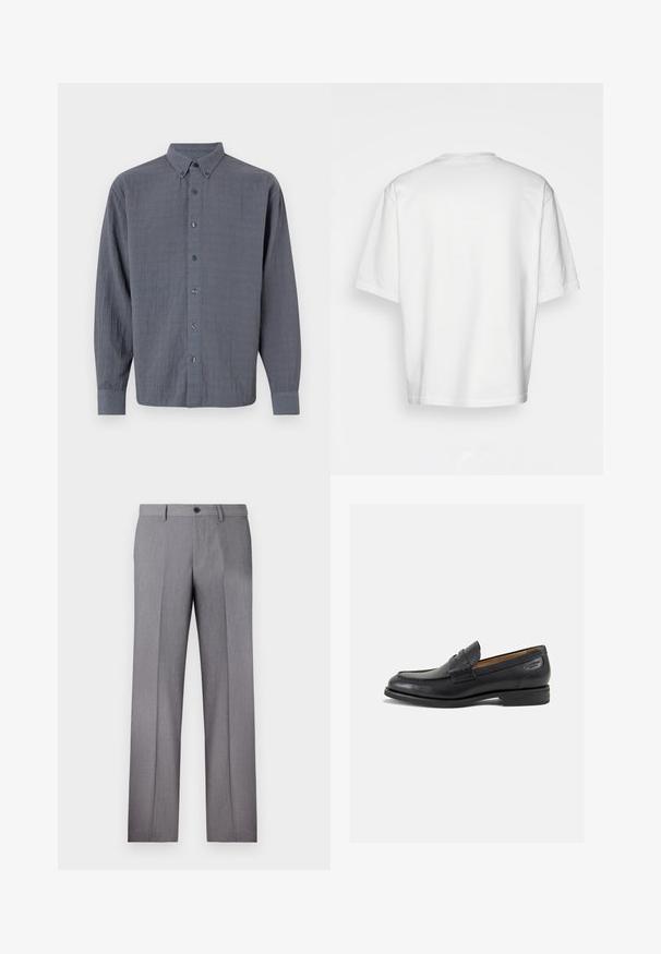 Šedá košile na knoflíky s dlouhými rukávy, vyrobená z texturované látky, s klasickým límcem a šesti předními knoflíky.; Bílý krátký rukáv tričko, volný střih, kulatý výstřih, hladká bavlněná tkanina, nezdobený zadní díl, rovný lem, žádné vzory ani akcenty.; Šedé kalhoty s rovnými nohavicemi, dvěma postranními kapsami a zapínáním na jeden knoflík. Hladká textura s jemným proužkovaným vzorem.; Černé kožené mokasíny s hladkým povrchem, zaoblenou špičkou a dekorativním prošíváním na svršku. Nízký podpatka a mírný lesk.