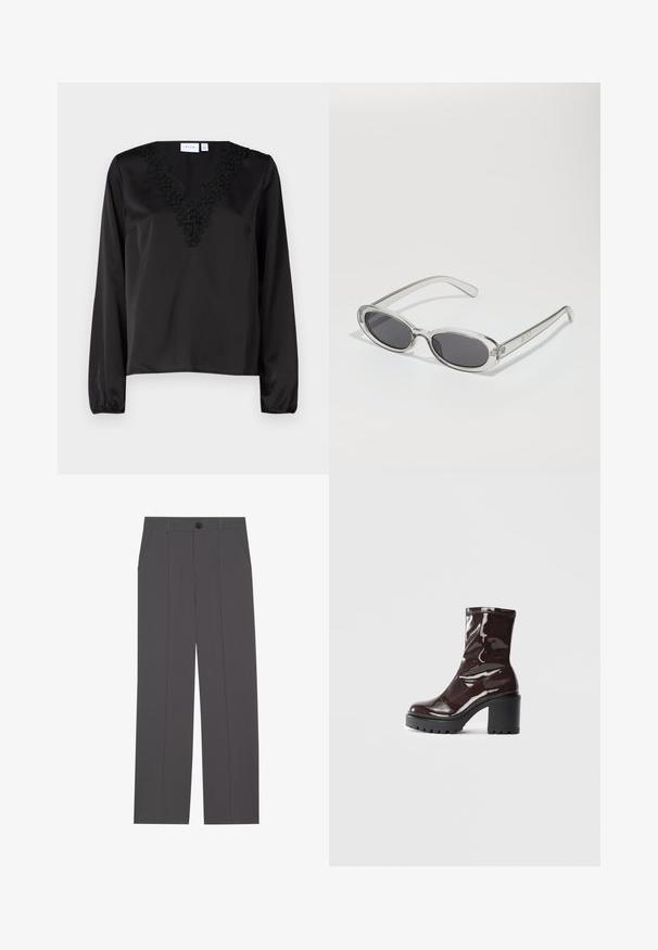 Crna bluzica dugih rukava s V-izrezom koja sadrži složenu crnu cvjetnu vez. Glatka satenska tekstura i elastične manžete.; Sive hlače s ravnim krojem, koje imaju dva bočna džepa i dugme za zatvaranje. Glatka tkanina bez vidljivih uzoraka ili akcenata.; Sjajna burgundska čizma do gležnja s debelim crnim potplatom, koja se odlikuje glatkom teksturom i jednostavnim dizajnom. Nema vidljivih kopčanja ili uzoraka.; Naočale u ovalnom obliku, okvir od prozirne plastike, tamno sivi leće i tanke prozirne ručke s logotipom i minimalnim detaljima.; Crna kožna torba s lukovitim oblikom, odvojivim remenom i zlatnim detaljima. Torba ima preklop s kopčom.