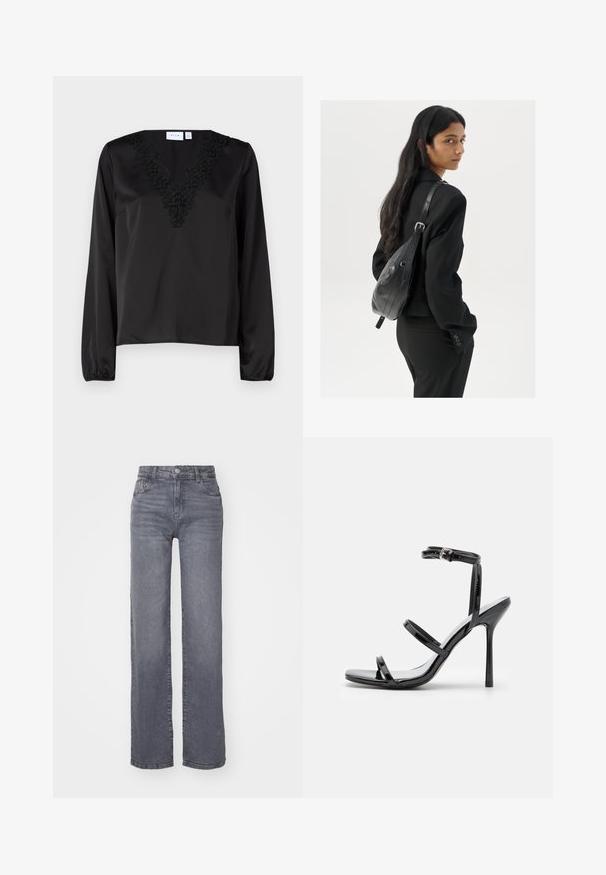 Melnas garām piedurknēm blūze ar V-veida kaklu, kas rotāta ar sarežģītu melnu ziedu izšuvumu. Gluda satīna tekstūra un elastīgas aproces.; Pelēki plati bikses no denima ar gludu tekstūru, ar pogu un rāvējslēdzēju, kā arī piecām kabatām.; Melnas patentētas ādas augstpapēžu sandales ar trim horizontālām siksniņām un regulējamu potītes siksniņu. Eleganta silueta un spīdīgs apdare.; Sieviete ar garām tumšām matiem, ģērbusies melnā uzvalkā, nēsā melnu ādas plecu somu un skatās pāri plecam uz balta fona.