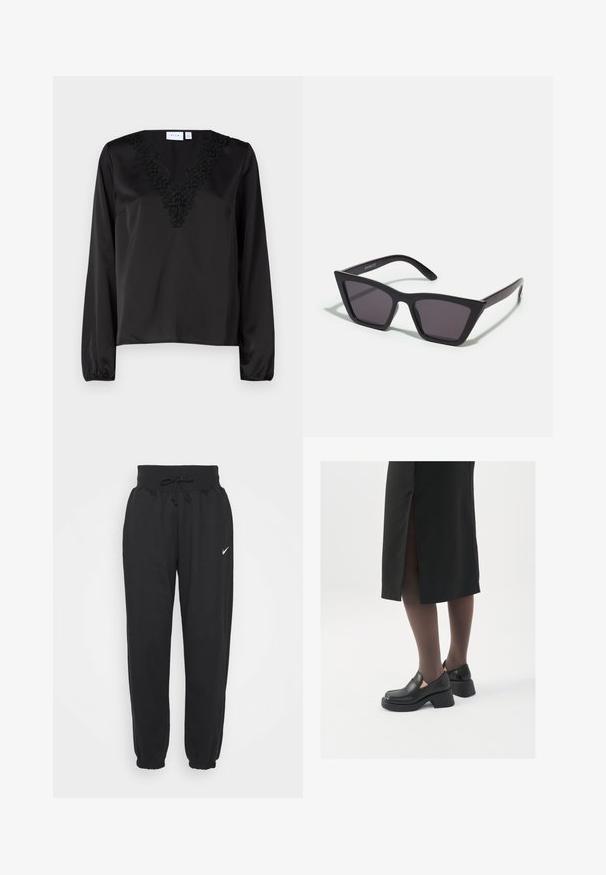 Juoda ilgomis rankovėmis bluzonė su V formos iškirpte, puošta sudėtinga juoda gėlių siuvinėjimu. Lygus satino paviršius ir elastinės rankogaliai.; Juodi sportiniai kelnaičiai, pagaminti iš minkštos medvilnės mišinio, su elastinga juosmens juostele ir raišteliu bei elastinėmis rankogaliais. Nike logotipas kairiajame šlaunyje.; Juodos odinės bateliai su apvaliu nosiu, stora blokine pakulne ir elastingais šonais, derinami su tamsiomis pėdkelnėmis ir juoda sijonu su plyšiu.; Juodos, kampuotos saulės akinios su pilkais stiklais; pagaminti iš plastiko, su storomis šakėmis, turinčiomis lygų paviršių ir be matomų detalių.; Mažas kreminis rankinukas su tekstūruotu paviršiumi, ilga reguliuojama juostele, grandinėle ir užsegimu su atvartu. Aukso detalės.; Aukso auskarai su lygiu, blizgiu paviršiumi. Apvalus dizainas su maža užrakto dalimi ir skaidria atrama saugiam nešiojimui.