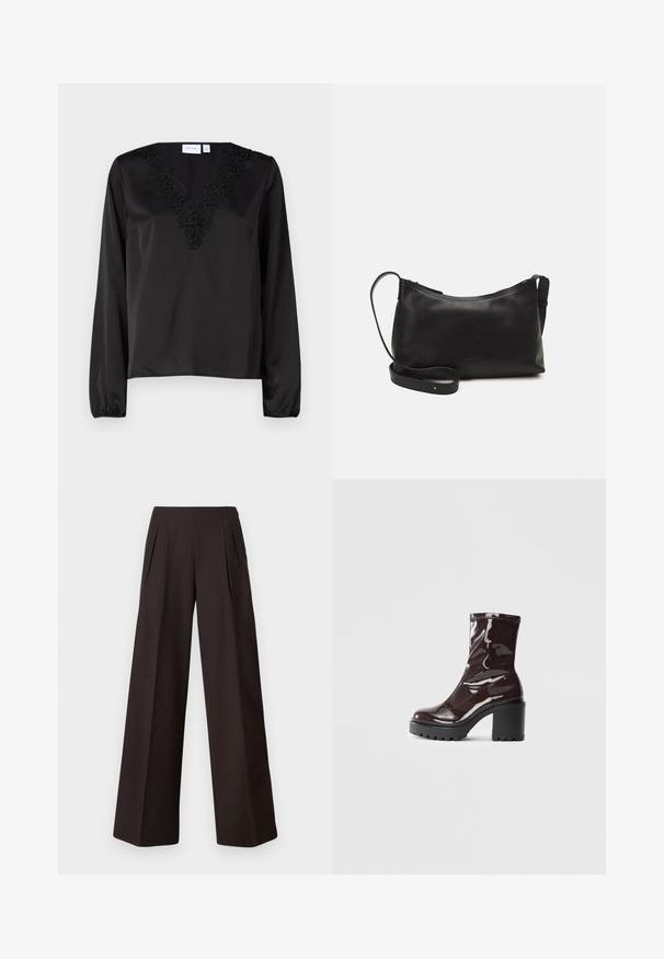 Crna bluzica dugih rukava s V-izrezom koja sadrži složenu crnu cvjetnu vez. Glatka satenska tekstura i elastične manžete.; Široke hlače od tamno smeđeg materijala, s visokim strukom, nabranim prednjim dijelom i glatkom teksturom. Bez vidljivih džepova ili ukrasa.; Sjajna burgundska čizma do gležnja s debelim crnim potplatom, koja se odlikuje glatkom teksturom i jednostavnim dizajnom. Nema vidljivih kopčanja ili uzoraka.; Crna kožna torba na rame s glatkom teksturom, zakrivljenim oblikom, podesivim remenom i zatvaranjem na patentni zatvarač. Minimalistički dizajn bez ukrasa.