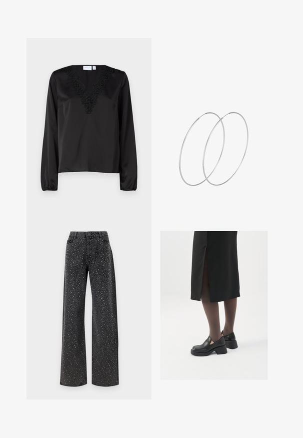 Čierna blúzka s dlhým rukávom a výstrihom do V, ozdobená jemnou čiernou kvetinovou výšivkou. Hladká saténová textúra a elastické manžety.; Noisy May NMJANNEL LOOSE - Džínsy voľného strihu - black denim; Čierne kožené topánky s okrúhlou špičkou, silným blokovým opätkom a elastickými bočnými akcentmi, skombinované s tmavými pančuchami a čiernou sukňou so štiepením.; Strieborné kruhové náušnice s minimalistickým dizajnom. Cirkulárny tvar, hladký povrch a tenký profil. Ľahké s lesklým povrchom.