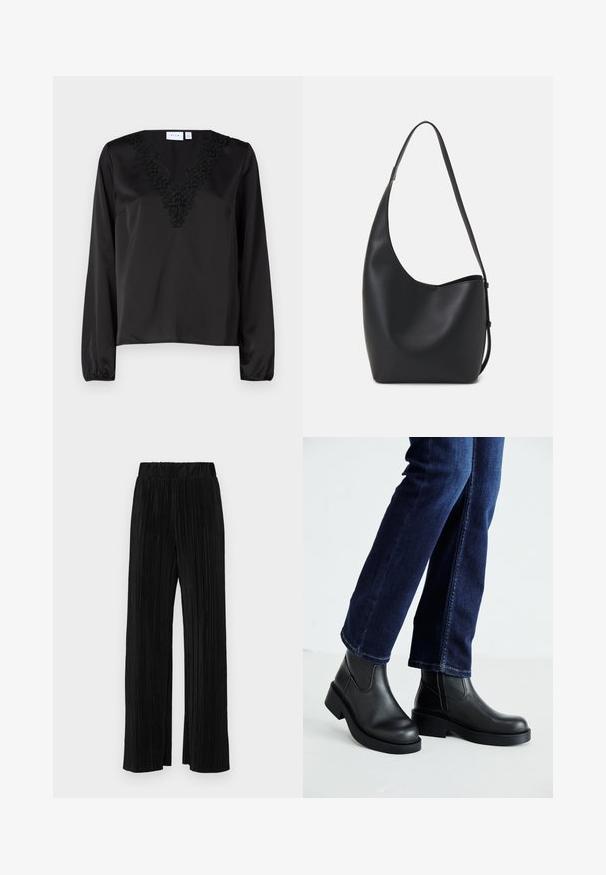 Blusa nera a maniche lunghe con scollatura a V caratterizzata da un intricato ricamo floreale nero. Texture in satin morbido e polsini elastici.; Pantaloni neri a plissé con vita elasticizzata. Presentano gamba ampia e un tessuto liscio e texture con strisce verticali.; Stivali neri in pelle alla caviglia con suola spessa e pannelli elastici laterali, abbinati a jeans blu scuro. Il terreno è di colore chiaro.; Borsa hobo nera in pelle con una superficie liscia, forma curvata e una singola tracolla regolabile; presenta un'ampia apertura nella parte superiore.