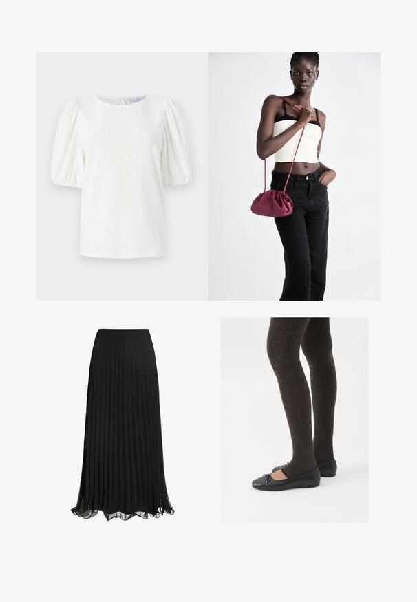 Valkoinen paita, jossa on pullottavat hihat, pyöreä pääntie ja reikäkuvio, joka tuo tekstuuria. Takana oleva avainreikätukko lisää hienovaraisen suunnitteluelementin.; Musta pliseerattu maksihame, joka on valmistettu kevyestä kankaasta ja siinä on virtaava muotoilu. Hameessa on röyhelöhelma ja joustava vyötärö, joka takaa mukavuuden.; Mustat matalat kengät, joissa on pieni nauha varpaissa, yhdistettynä tummanruskeisiin ribattuisiin sukkahousuihin. Kengissä on sileä pinta ja matala profiili.; Burgundi pehmeast kangast käekott, millel on kortsuline disain ja pikk rihm, kantud üle rinna. Modell kannab valget lühikest toppi ja musti teksaseid.