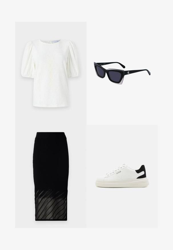 Blouse blanche avec des manches bouffantes, un col rond et un motif en œillets pour la texture. Détail de fermeture par un keyhole au dos ajoutant un élément de design subtil.; Jupe noire avec une texture côtelée, présentant un bas transparent avec des rayures horizontales. Le design est près du corps, s'étendant jusqu'à mi-mollet.; Baskets en cuir blanc avec une épaisse semelle blanche, un accent en daim noir au niveau du talon et un logo embossé sur le côté. Design à lacets avec six œillets.; Lunettes de soleil noires surdimensionnées avec une forme géométrique, dotées de verres foncés et d'un détail gris contrastant sur la monture. Logo sur la branche.