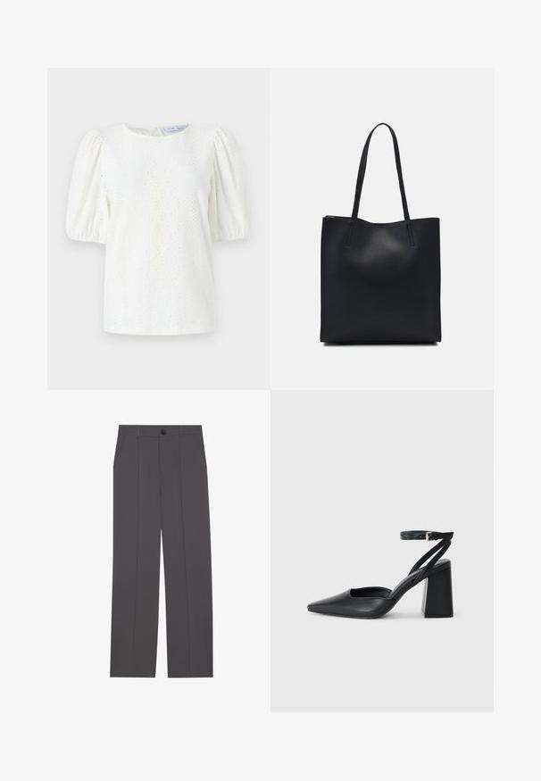 Bílá blůza s nafouknutými rukávy, kulatým výstřihem a očkovým vzorem pro texturu. Detail klíčové dírky na zadní straně dodává jemný designový prvek.; Šedé kalhoty se střihem rovného nohavice, vybavené dvěma bočními kapsami a knoflíkovým zapínáním. Hladká tkanina bez viditelných vzorů nebo akcentů.; Černé kožené lodičky se špičatou špičkou, kotníkovým páskem a silným podpatkem. Hladká textura, elegantní design a minimalistická estetika.; Černá kožená taška přes rameno s hladkým povrchem, obdélníkovým tvarem a dvěma dlouhými uchy. Žádné viditelné kování ani ozdoby.