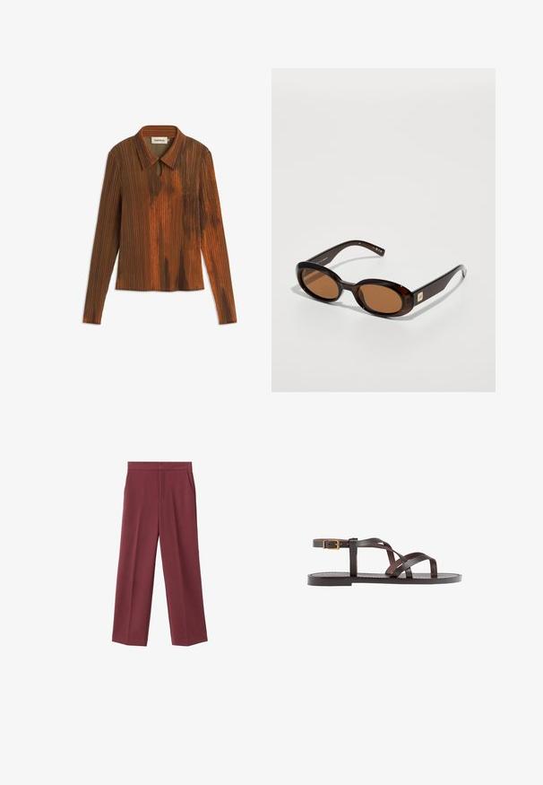 Haut à manches longues à col marron avec des rayures verticales, doté d'un détail en trou de serrure au niveau du cou et d'une surface légèrement texturée.; Pantalons larges bordeaux avec une texture lisse, dotés de poches latérales et d'une taille haute. Taillés avec un pli avant net.; Sandale en cuir marron avec des brides entrecroisées, une fermeture à boucle à la cheville et une semelle plate avec des détails de couture minimaux.; Lunettes de soleil écaille de tortue marron avec des verres ovales, dotées d'une fine monture et d'un petit accent métallique sur le côté. Fini texturé et poli.