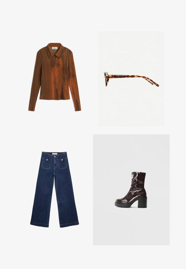 Brown collared long-sleeve top with vertical stripes, featuring a keyhole detail at the neck and a slightly textured surface.; Dark blue wide-leg jeans made of denim, featuring two front pockets with decorative buttons, and a straight-cut hem.; Glossy burgundy ankle boot with a chunky black heel, featuring a smooth texture and simple design. No visible fastenings or patterns.; Tortoiseshell sunglasses with a thick frame, slightly curved temples, and smooth texture. Features a classic design with a glossy finish.; Brown leather crossbody bag with a curved shape, gold hardware, and a buckle accent. Features a detachable shoulder strap.