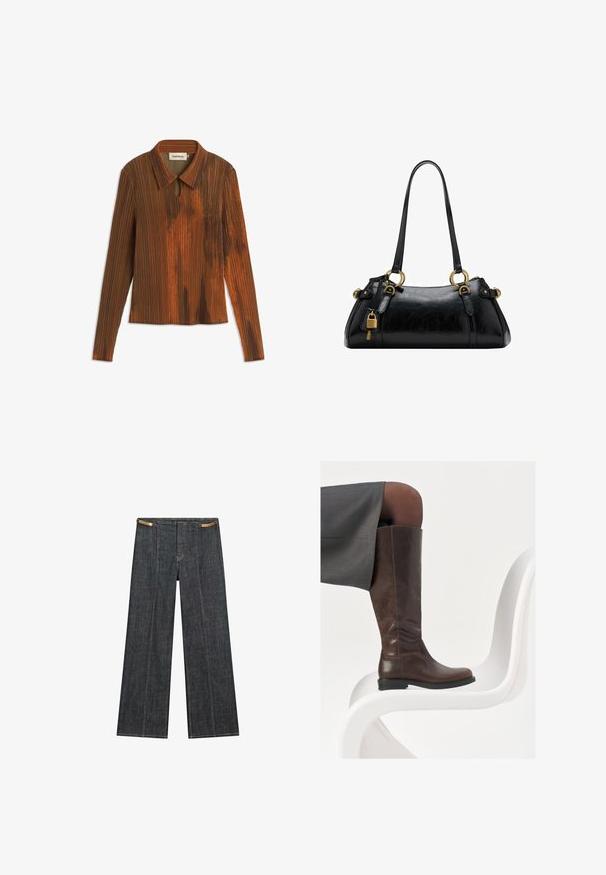 Bruine colbertdas met lange mouwen en verticale strepen, met een sleutelgatdetail bij de hals en een licht gestructureerde oppervlakte.; Donkergewassen denimwijdpijpbroek met een hoge taille. Kenmerken zijn zichtbare stiksels, een knoopsluiting en een unieke kettingaccent aan de taille.; Bruine leren knie-hoge laars met een ronde neus, een soepele textuur en minimale stikseldetails, tegen een lichte achtergrond op een witte stoel.; Zwarte leren handtas met een gladde textuur, afgeronde vorm, gouden hardwareaccenten en dubbele handgrepen. Bevat een decoratieve sluiting aan de zijkant.