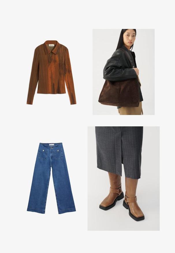Top lungo a maniche con colletto marrone a righe verticali, caratterizzato da un dettaglio a chiave sul collo e una superficie leggermente testurizzata.; Jeans in denim a gamba larga con un lavaggio blu medio, due tasche frontali con chiusura a bottone e dettagli cuciti lungo gli orli.; Stivali alti fino al ginocchio in pelle marrone con punta quadrata, suola in gomma nera e dettaglio con cinturino regolabile. Indossati con una gonna grigia a righe.; Borsa tote in suede marrone con forma ampia e texture morbida, caratterizzata da una strap singola e hardware minimale su uno sfondo neutro.
