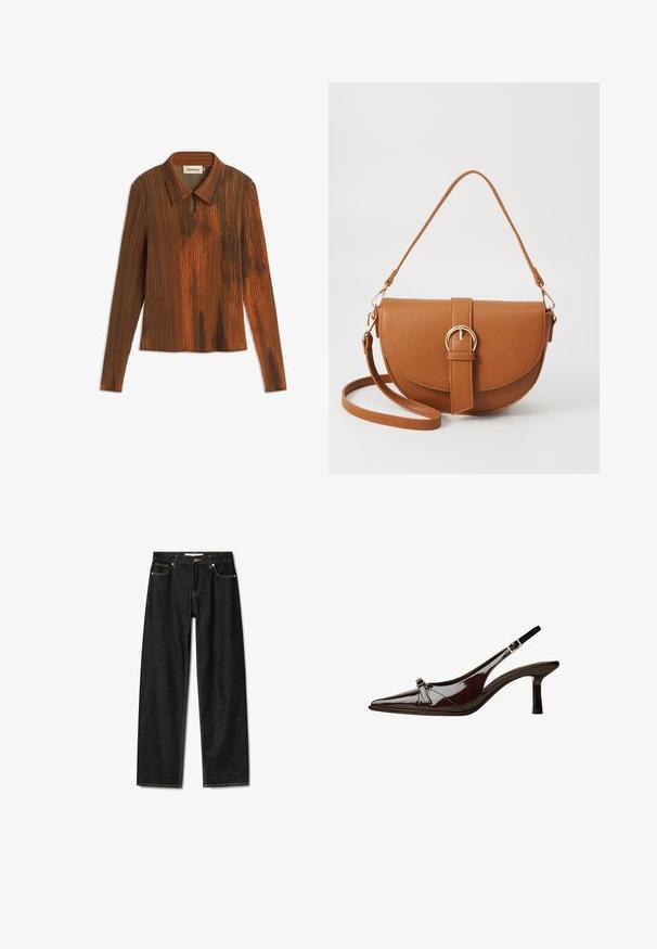 Brązowa bluzka z długim rękawem i kołnierzykiem, w pionowe paski, z dekoltem w kształcie łezki oraz lekko teksturowanym wykończeniem.; Ciemnogranatowe dżinsy o prostym kroju, z zamkiem na mosiężny guzik i kontrastującym żółtym przeszyciem. Posiadają pięć kieszeni i klasyczny krój.; Brązowe lakierowane sandały z odkrytymi palcami, o spiczastym nosku, niskim obcasie i ozdobnym kokardkowym akcentem z przodu. Gładka, błyszcząca tekstura.; Brązowa skórzana torba na ramię o zaokrąglonym kształcie, ze złotymi akcentami i zapięciem w formie klamry. Posiada odpinany pasek na ramię.
