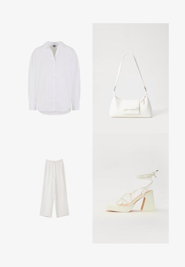 Duga bijela košulja s dugim rukavima od pamuka, s gumbima sprijeda, klasičnim ovratnikom i zaobljenim rubom, s opuštenim krojem i bez uzoraka.; Bijele hlače širokih nogavica napravljene od lagane tkanine. Imaju elastičan pojas s ušicom i bočne džepove. Glatka tekstura.; Bijela sandala na visokoj potpetici s debelim petom, s remenom i vezanjem oko gležnja. Glatka tekstura s platformom sprijeda za dodatnu visinu.; Bijela sintetička torbica s trokutastim oblikom, ravnim prednjim poklopcem i detaljem u obliku mašne, podesivom remenom, glatkom teksturom i minimalističkim dizajnom.