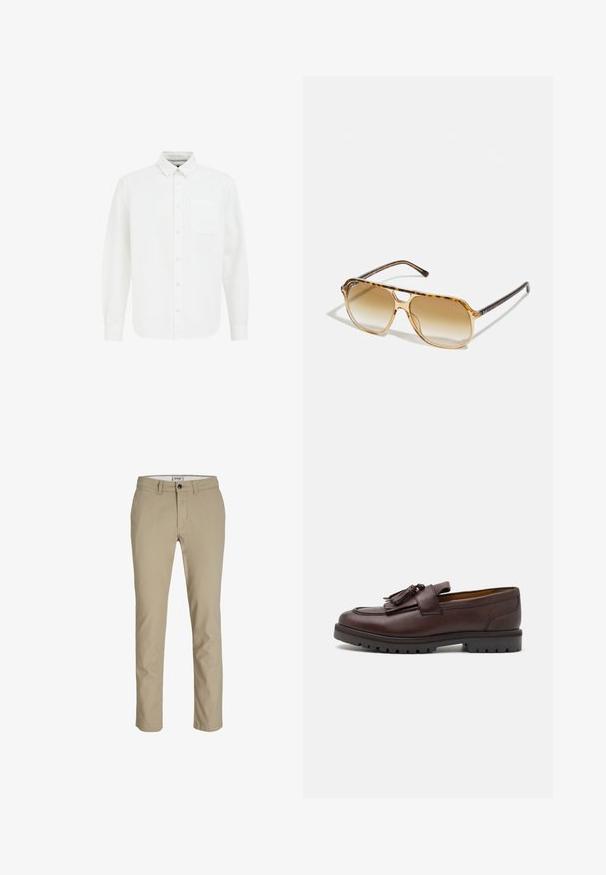 Biała koszula z długim rękawem, z kołnierzykiem typu point, przednią kieszenią i miękkim bawełnianym materiałem. Ma prosty fason i klasyczny design.; Beżowe bawełniane spodnie o dopasowanym kroju, z zamkiem błyskawicznym z przodu, zapięciem na guzik i czterema kieszeniami. Gładka faktura, bez wzorów ani akcentów.; Zign - Biznesowe loafersy; Okulary przeciwsłoneczne w kolorze żółwia z prostokątną oprawką, brązowymi soczewkami w gradientzie i eleganckimi czarnymi zausznikami z subtelnymi akcentami logo.