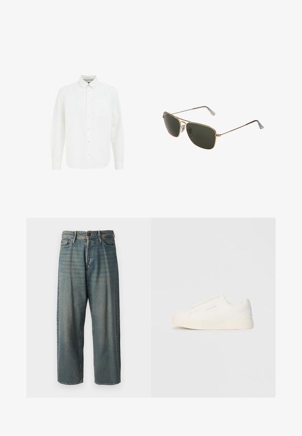 Balta mygtukinė marškiniai su ilgomis rankovėmis, taškais apykakle, priekinėmis kišenėmis ir minkšta medvilnė. Yra tiesi apatinė dalis ir klasikinis dizainas.; Šviesiai mėlyni džinsai su laisvu siluetu, vidutinio aukščio juosmeniu ir tiesiomis kojomis. Su penkiais kišenėmis, diržo kilpo ir mygtukų uždarymu.; Baltos slip-on sportbačiai su tekstūruota paviršiumi, storesniu padu ir minimalistišku dizainu. Šone matosi prekės ženklo logotipas.; Aukso metalo pilotų saulės akiniai su dideliais tamsiai žaliais lęšiais, turintys ploną rėmelį ir skaidrius nosies pagalvėles patogumui.