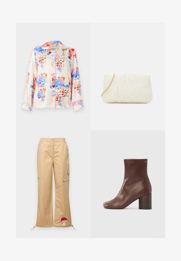 Kokvilnas pidžamas krekls ar gaismas krēma pamatu, kas rotāts ar abstraktu ziedu rakstu zilos, rozā un oranžos toņos, un zilām apmalēm apkaklē un kabatās.; Bežīgas kravas bikses, kas izgatavotas no gludas auduma, ar izšūtu sēni un palmu lapu, regulējamu apakšmalu un sānu kabatām.; Brūni ādas zābaki līdz potītēm ar gludu tekstūru, kvadrātveida purngalu un izturīgu koka papēdi, ar vienkāršu rāvējslēdzēju sānos.; Balta teksturēta pleca soma ar salocītu dizainu, kas aprīkota ar zelta ķēdes siksnu. Gluda virsma ar smalkām viļņveida formām un noapaļotām malām.