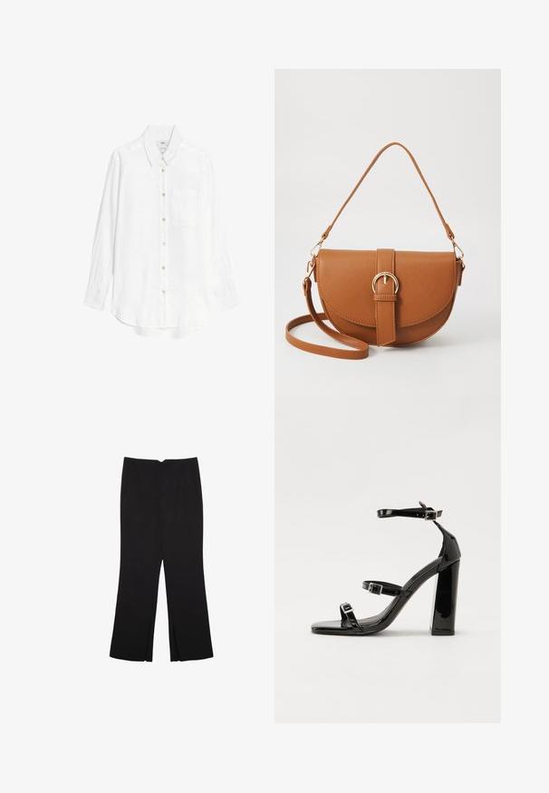 Marks & Spencer Hemdbluse - white; Schwarze Hose mit geradem Schnitt, ausgestattet mit Fronttaschen und Seitenschlitzen am Saum. Hergestellt aus weichem, glattem Stoff. Geeignet für verschiedene Anlässe.; Schwarze patentierte Sandalen mit Absatz, quadratischer Spitze, Knöchelriemen und silbernen Schnallen. Mit einem stabilen Blockabsatz für mehr Stabilität.; Braune Leder-Crossbody-Tasche mit geschwungener Form, goldfarbenen Beschlägen und einer Schnallenakzentuierung. Verfügt über einen abnehmbaren Schultergurt.