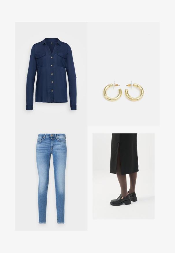 Tummansininen napitettu paita pitkillä hihoilla, joissa on kaksi rintataskua ja kultasävytetyt napit. Sujuva kangas kauluksella ja hieman väljä istuvuus.; Harmaa college-paita, jossa on V-kaula-aukko ja pitkät hihat. Puserossa on mustat pilkut helmassa ja kauluksessa, ja se on valmistettu pehmeästä kankaasta.; Slim-fit vaaleansiniset farkut, joissa on keski-korkea vyötärö, edessä nappikiinnitys ja viisi taskua.; Mustat nahkakengät pyöreällä kärjellä, paksulla lohkopohjalla ja joustavilla sivuakkesseilla, yhdistettynä tummiin sukkahousuihin ja mustaan hameeseen, jossa on halkio.; Kultaketjut kullasta, joissa on sileä, kiiltävä pinta. Pyöreä muotoilu, jossa on pieni tappi ja kirkas taustalevy turvalliseen käyttöön.