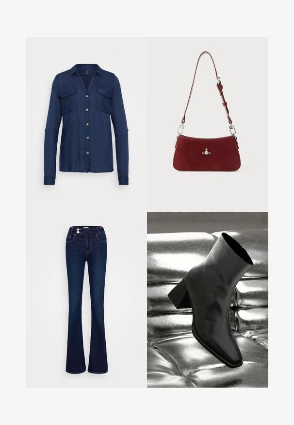 Granatowa koszula zapinana na guziki z długimi rękawami, dwoma kieszeniami na piersi i guzikami w kolorze złota. Gładki materiał z kołnierzykiem i lekko luźnym krojem.; Granatowe dżinsy w fasonie dzwonów z wysokim stanem, dwiema przednimi kieszeniami oraz dwoma zapięciami na guziki. Wykonane z denimowej tkaniny o gładkiej fakturze.; Czarne botki za kostkę wykonane z błyszczącego materiału, z kwadratowym noskiem i zwężającym się obcasem, na tle błyszczącego srebrnego tapicerowanego tła.; Czerwona zamszowa torba na ramię o wyprofilowanym kształcie. Posiada srebrny akcent oraz regulowany pasek z detalami ze stali. Gładka tekstura.