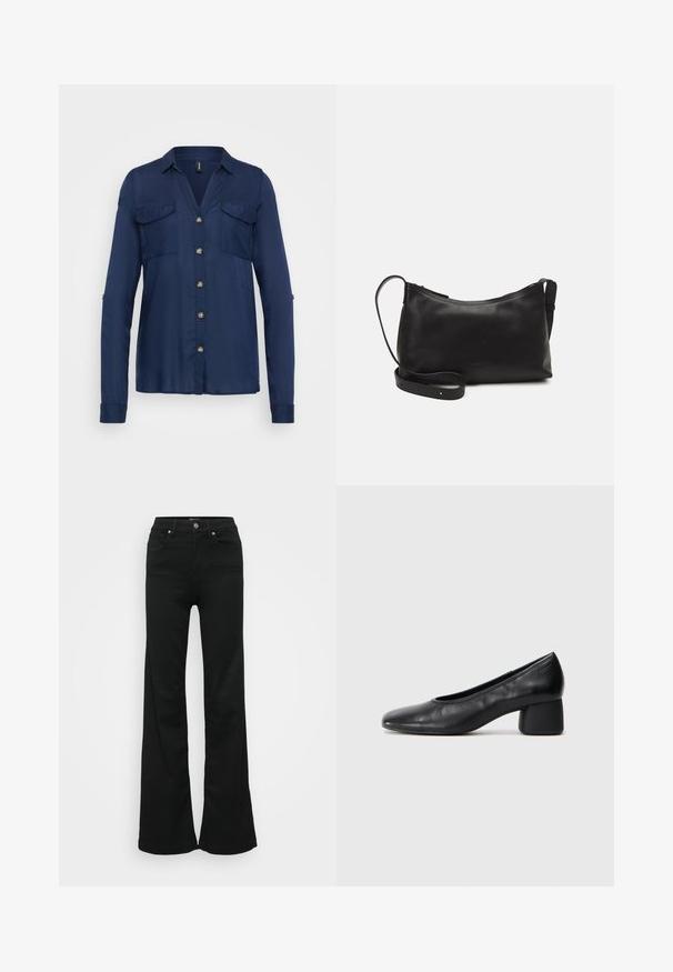 Navy blue button-up shirt with long sleeves, two chest pockets, and gold-tone buttons. Smooth fabric with a collar and slightly relaxed fit.; Black flared jeans made from denim, featuring a high waist, five pockets, and metal button closure. Smooth texture with minimal detailing.; Black leather pump with a rounded toe and mid-block heel. Smooth texture with minimal detailing, featuring a subtle elastic opening.; Black leather shoulder bag with a smooth texture, curved shape, adjustable strap, and a zip closure. Minimalist design without embellishments.