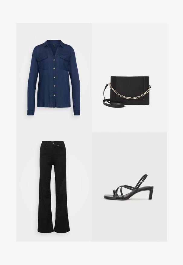 Cămașă bleu închis, cu nasturi, cu mâneci lungi, două buzunare pe piept și nasturi de culoare aurie. Material neted, cu guler și o croială ușor lejeră.; Jeans negri evazați din denim, cu talie înaltă, cinci buzunare și închidere cu nasture metalic. Textură netedă, cu detalii minime.; Sandal cu barete negre, cu vârf pătrat și toc mic de bloc. Prezintă mai multe barete subțiri și o bareta ajustabilă la gleznă. Fabricat din piele netedă.; Geantă de umăr din piele neagră, cu o textură netedă, formă rectangulară și un detaliu din lanț metalic în față. Include curea reglabilă.