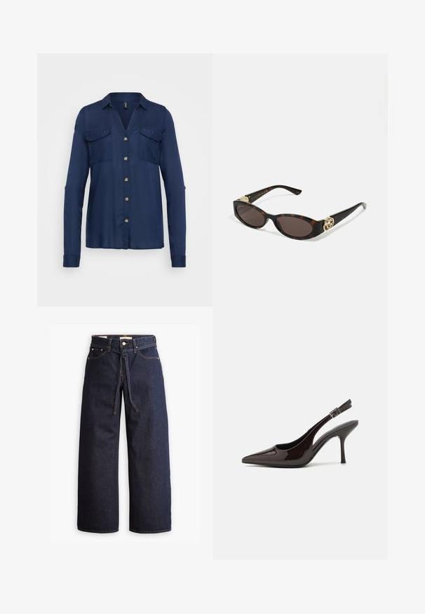 Navy blue button-up shirt with long sleeves, two chest pockets, and gold-tone buttons. Smooth fabric with a collar and slightly relaxed fit.; Wide-leg dark blue denim jeans with a high waist, featuring a drawstring tie, five pockets, and contrasting stitching details.; Slingback high-heeled shoe in glossy dark brown patent leather, pointed toe, open sides, and adjustable ankle strap.; Tortoiseshell sunglasses with elongated oval lenses, brown tint, gold logo accents on temples, and sleek black arms.; Gold hoop earrings with a smooth, rounded design. Features a small hinge closure, lightweight appearance, and a polished finish.