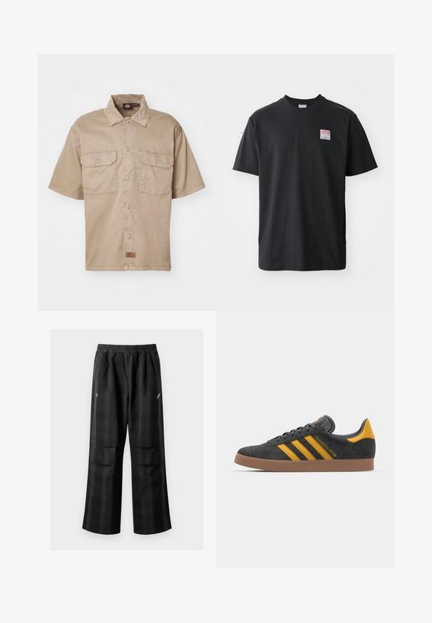 Trumpas rankovės, smėlio spalvos marškiniai, pagaminti iš medvilnės, su mygtukų užsegimu, dviem krūtinės kišenėmis ir maža prekės ženklo etikete apačioje.; Juodas medvilnės marškinėliai su apvaliu kaklu, trumpomis rankovėmis ir mažyte spalvota etikete kairėje krūtinės pusėje, ant kurios užrašyta "SUPERIOR."; Juodos languotos kelnės su elastingu juosmeniu, dviem priekinėmis kišenėmis ir laisvu tiesiu kirpimu. Pagamintos iš lengvos medžiagos.; Juodas zomšinės sportbačiai su geltonais akcentais, turintys tris juosteles ir rudą gumos padą. Apima paminkštintą liežuvėlį patogumui.