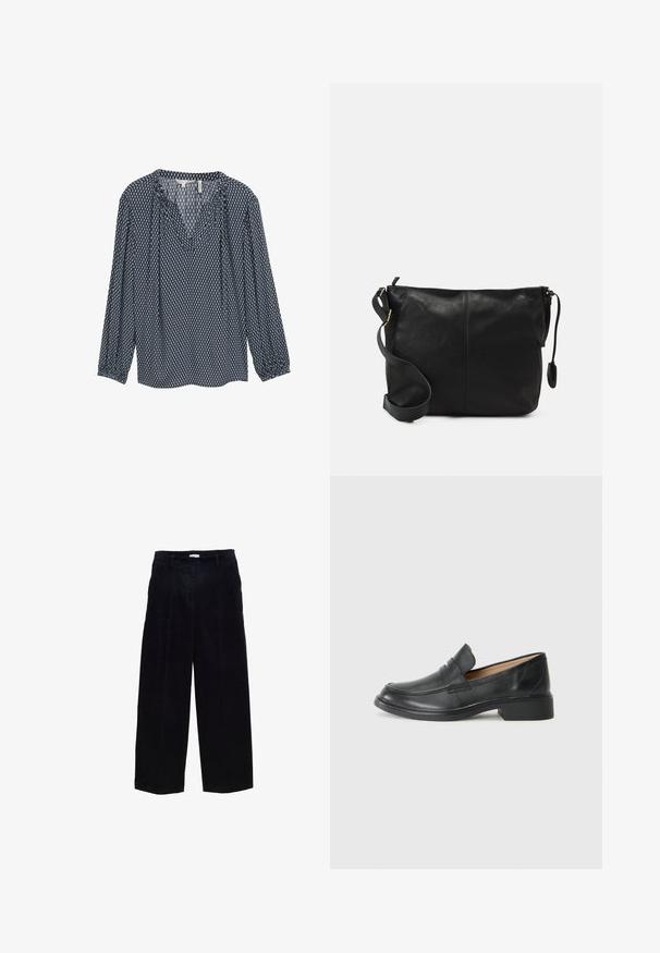 Marineblauwe blouse met patroon, lange mouwen, v-hals en gathermanchetten. Heeft geometrische ontwerpen in wit en lichtblauw over de gehele blouse.; Marineblauwe corduroy wijduitlopende broek met een recht silhouette, voor prestaties en een subtiele textuur. Voorzien van riemlussen en een metalen rits.; Zwarte leren instapper met een lage hak, met een gestikt ontwerp en slip-on stijl, tegen een effen witte achtergrond.; Zwarte leren schoudertas met een platte vorm, gouden hardware-accenten en een verstelbare schouderband. Gladde textuur met minimale stikdetails.