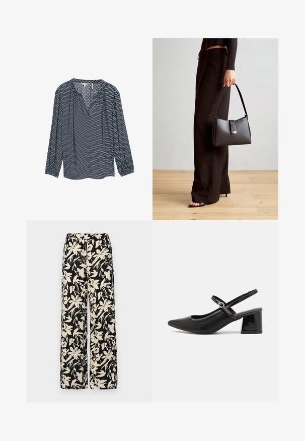 Sötétkék, mintás blúz hosszú ujjakkal, V nyakú és redőzött mandzsettával. Geometrikus fehér és világoskék minták díszítik.; Fekete, bő szárú nadrág krém színű virágmintával. Könnyű anyagból készült, sima tapintású és magas derékrésszel rendelkezik.; Fekete lakk bőr, pántos magassarkú cipő, hegyes orral, lekerekített kivágással és tömbsarkal. Arany színű csat díszíti.; Fekete kézi táska strukturált formával, sima textúrával és fémből készült záródással. Széles fekete nadrággal és nyitott orrú szandállal párosítva, fából készült padlón.