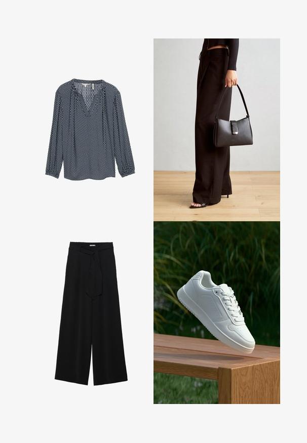 Navyblaues gemustertes Blusenshirt mit langen Ärmeln, V-Ausschnitt und gerüschten Manschetten. Enthält geometrische Designs in Weiß und Hellblau.; Schwarze weite Hosen aus strukturiertem Stoff, mit elastischem Bund und einem abnehmbaren Bindegürtel in der Taille für eine verstellbare Passform.; Weiße Sneaker mit einem glatten, synthetischen Obermaterial, perforierter Zehenbox, flachen Schnürsenkeln und einer strukturierten Sohle, präsentiert auf einer Holzoberfläche.; Schwarze Handtasche mit strukturierter Form, glatter Textur und einem metallischen Verschluss. Kombiniert mit weiten schwarzen Hosen und offenen Sandalen auf einem Holzboden.