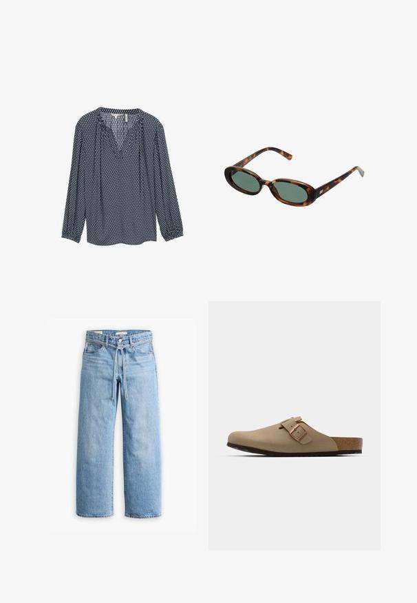 Navyblaues gemustertes Blusenshirt mit langen Ärmeln, V-Ausschnitt und gerüschten Manschetten. Enthält geometrische Designs in Weiß und Hellblau.; Hellblaue Jeans im weiten Schnitt mit hoher Taille, Knopf- und Reißverschluss sowie einer Kordelzugdetails an der Taille. Roh geschnittener Saum.; Beige Clogs mit einer abgerundeten Zehenpartie, verstellbarem Schnallenakzent und Korkfußbett. Strukturierte Oberfläche mit einer schwarzen Gummisohle für besseren Halt.; Schildpatt-Sonnenbrille mit ovalen Rahmen und grünen Gläsern. Verfügt über dünne Bügel mit einem metallischen Akzent in der Nähe der Scharniere.