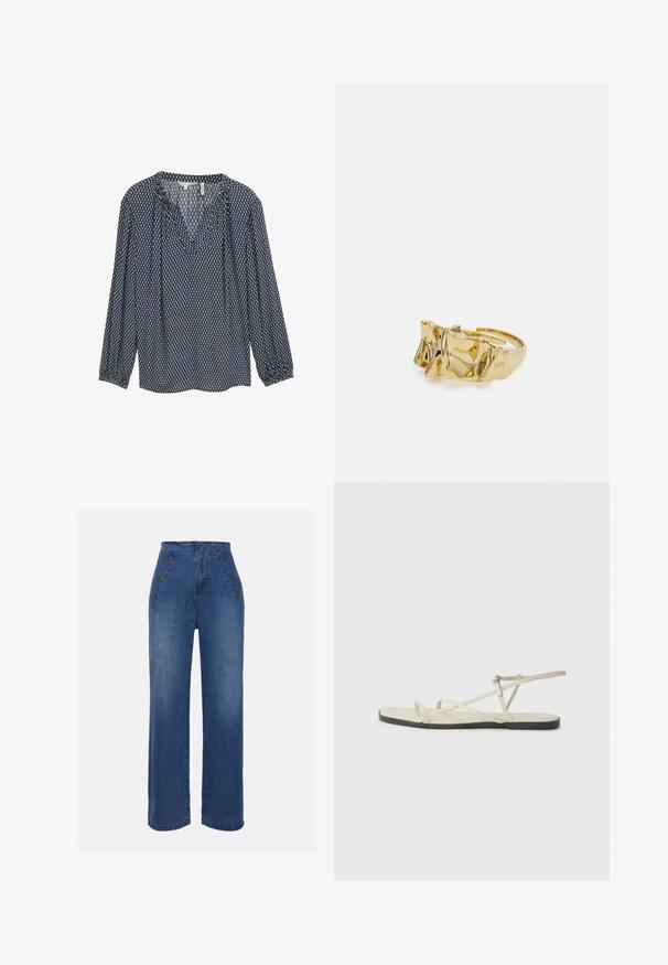 Blouse bleue marine à motifs avec manches longues, décolleté en V et poignets froncés. Présente des motifs géométriques blancs et bleu clair sur l'ensemble.; Jeans en denim taille haute de couleur bleu moyen. Ils présentent des accents de boutons à l'avant et un design à jambes larges. Le tissu a une texture lisse avec un léger délavage.; Sandale plate beige avec plusieurs fines lanières et une boucle réglable. La semelle est plate avec un léger contraste sombre sur le bord.; Bague en or avec un design texturé et ondulé présentant trois sommets proéminents. Surface lisse et brillante avec un anneau ouvert pour un ajustement ajustable.