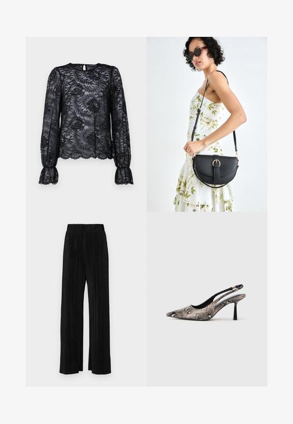 Melna mežģīņu blūze ar garām, pūkainām piedurknēm un apaļu kakla izgriezumu. Satur ziedu dizainus un atslēgas caurumu aizmugurē. Teksturēta mežģīņu apdare.; Melni plīšu bikses ar elastīgu jostu. Tām ir platākas kājas un gluda, teksturēta auduma ar vertikālām svītrām.; Punktēti purngalu slingback apavi, kas izgatavoti no teksturētas čūsku drukas materiāla, ar plānu melnu papēdi un izgriezumu dizainu sānos.; Melnas ādas rokassoma ar izliekta formu, noņemamu siksnu un zelta aksesuāriem. Somai ir vāciņš ar sprādzes detaļu.