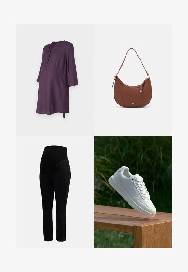 Nėštumo tunika tamsiai violetinės spalvos, turinti V formos iškirpę, trijų ketvirčių rankoves ir subtilias šonines virves, leidžiančias pritaikyti dydį. Minkšta medžiaga su lygiu paviršiumi.; Juodos nėštuminės džinsinės kelnės su tampriu aukštu juosmeniu ir siaurais keliais, sukurtos komfortui ir palaikymui nėštumo metu.; Balti sneakeriai su lygia sintetine viršutine dalimi, perforuota pirštų zona, plokščiomis raištelėmis ir tekstūruotu padu, padėti ant medinės paviršiaus.; Ruda dirbtinės odos petinė piniginė su kreiva forma, minimalia siuvimo linija ir auksinės spalvos įranga. Yra užtrauktuko uždarymas viršuje ir reguliuojama petneša.