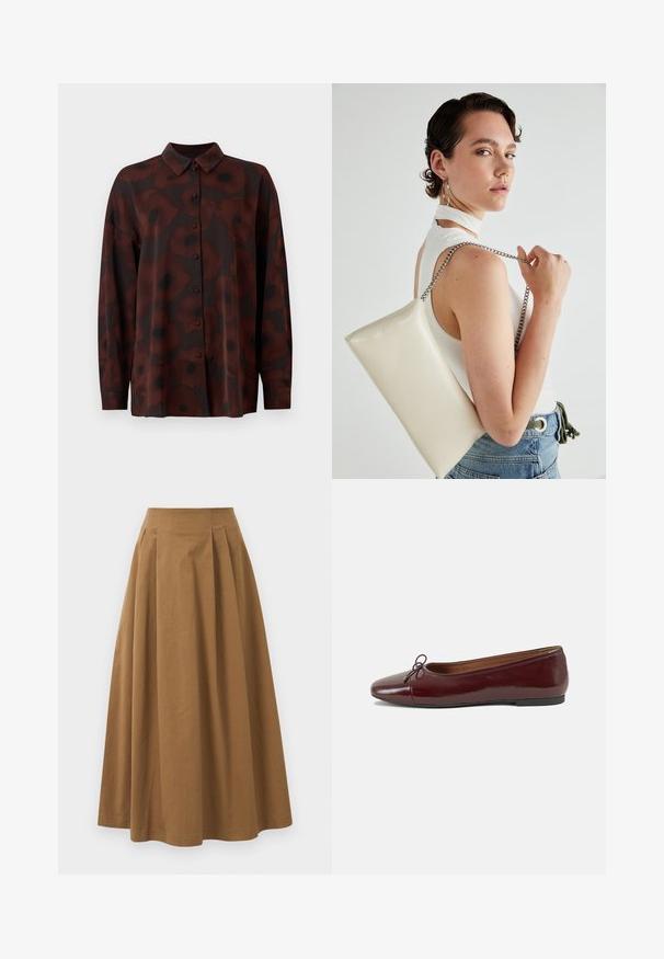 Ilga rankovė palaidinė tamsiai ruda su aguonų gėlių raštu. Yra sagčių uždarymas ir klasikinis apykaklė. Lygus audinio paviršius.; Ruda medvilninė A formos sijonas su aukštu liemeniu, puikuojantis klostėmis priekyje ir lygia tekstūra. Apdailos kraštai yra švarūs ir paprasti.; Bordo lakiotos odos baleto bateliai su apvalia nosimi, maža kaspinėlio akcentu priekyje ir žema juoda guma padanga. Lygi tekstūra.; Balta, stačiakampio formos rankinė pagaminta iš blizgaus medžiagos, su sidabriniu virvute. Modelis pozavo, demonstruodamas rankinę prieš paprastą foną.