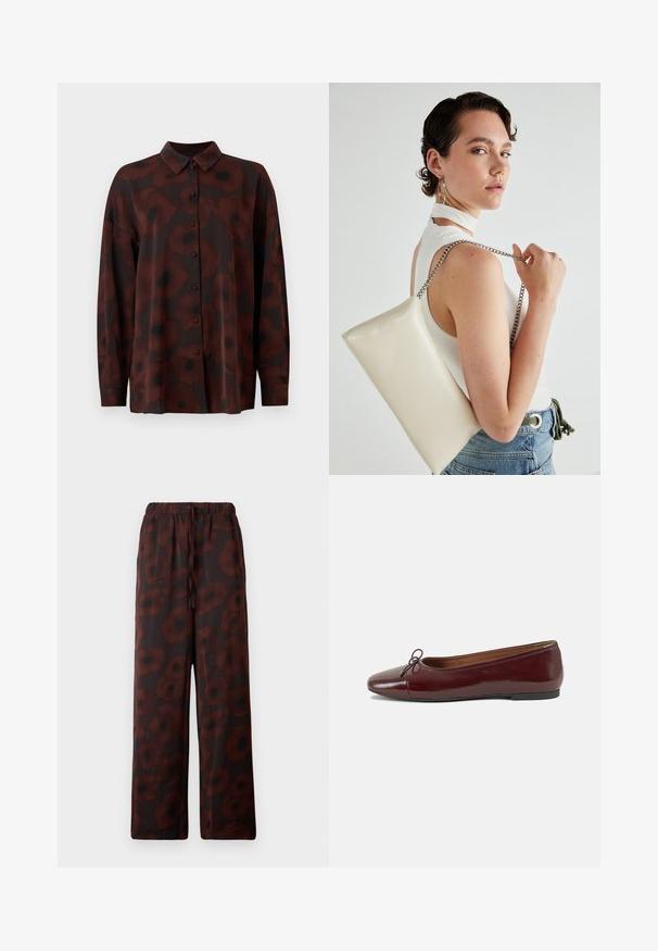 Blusa de mangas longas em castanho escuro com padrão floral de papoila. Apresenta uma frente com botões e colarinho clássico. Textura de tecido suave.; Calças largas de tecido suave com cintura elástica e padrão floral vermelho-escuro sobre fundo preto, apresentando um cordão de ajuste.; Bailarinas em couro sintético borgonha com bico redondo, pequeno laço na frente e sola baixa em borracha preta. Textura suave.; Bolsa de mão retangular branca, feita de material brilhante, com uma alça em corrente prateada. Modelo posa, exibindo a bolsa contra um fundo simples.