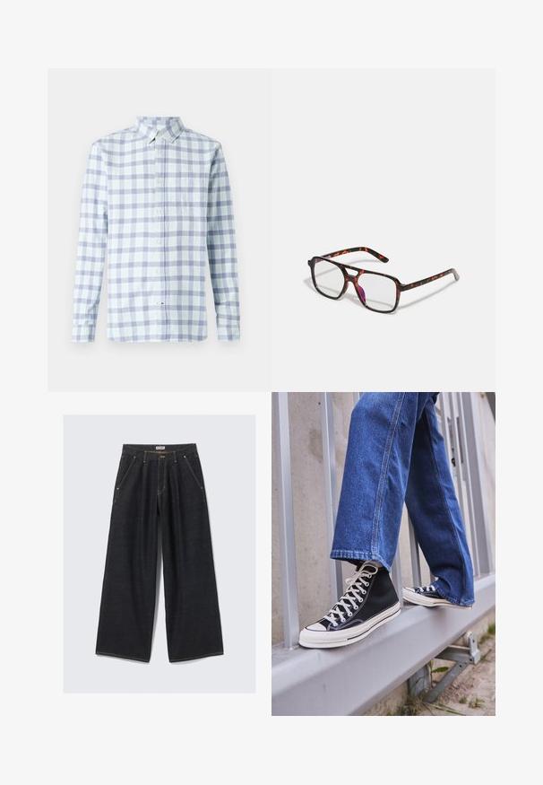 Világoskék és levendula színű kockás ing, gombos nyakkal, hosszú ujjal, mellzsebet tartalmaz, pamut anyagból készült, hétköznapi stílusú.; Sötétkék, széles szárú farmernadrág, elöl pliszékkel, ferde zsebekkel, övhurkokkal és gombos záródással a derékrészen, amelyen a "WEEKDAY" felirat található.; Fekete magasszárú sportcipők fehér talppal és fűzővel, laza kék farmernadrággal párosítva, egy szürke korlát tetején pihenve.; Technikai zselé mintázatú, téglalap alakú lencsékkel rendelkező szemüveg, fekete és narancssárga kerettel, fényes felülettel és vékony szárakkal.