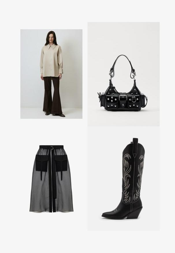 Pitkähihaiset, vaaleanbeiget paita perinteisellä kauluksella ja napillisilla hihoilla, yhdistettynä ruskeisiin alaosiin ja tummaan kengiin.; Musta läpinäkyvä hame, jossa on kerätty vyötärö, kaksi suurta etutaskua, vyönauha ja pyöreä metallikoriste.; Mustat nahkasaappaat cowboy-tyyliin, joissa on terävät varpaat, viistot korot ja hopeiset brodeeratut kukkakuviot varressa. Eroava ompelu koko saappaassa.; Musta nahkainen käsilaukku, jossa on kaareva muotoilu, hopeiset niitit, solki ja kaksi sivutaskua. Säädettävä olkahihna erilaisiin kantovaihtoehtoihin.