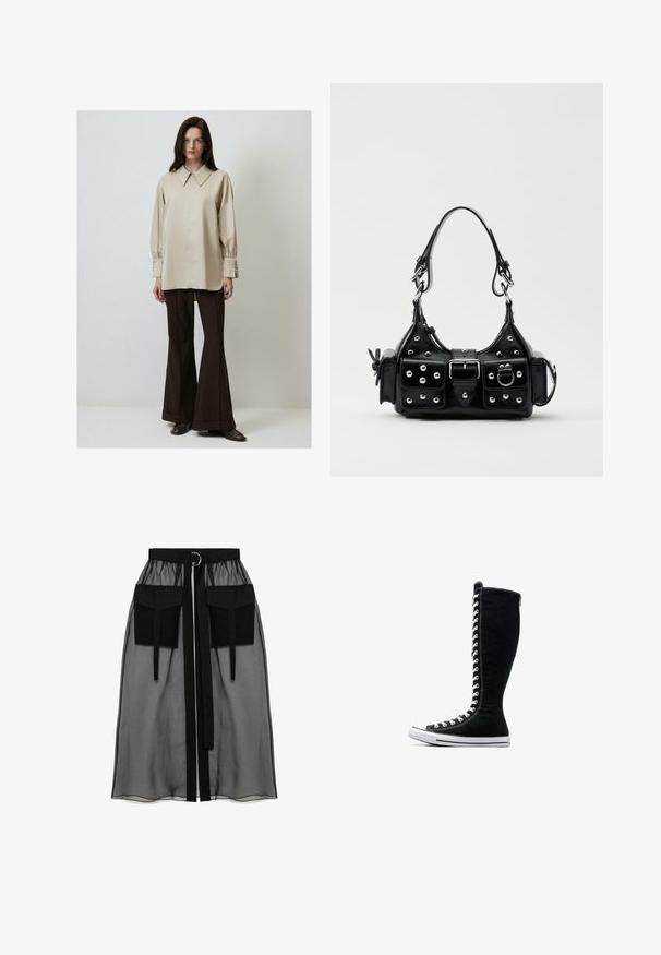 Lange mouwen, lichtbeige shirt met een klassieke kraag en knoopmanchetten, gecombineerd met bruine flare-broeken en donkere schoenen.; Zwarte doorschijnende rok met een verzameld tailleband, voorzien van twee grote voorzakken, een tailleband met strik en een ronde metalen accent.; Zwarte hoge sneakers met een hoge ontwerp, gemaakt van canvas. Beschikken over witte veters, stiksels en een rubberen zool met een neuskap.; Zwarte lederen handtas met een gebogen ontwerp, voorzien van zilveren studs, een gesp en twee zijvakken. Verstelbare schouderband voor verschillende draagmogelijkheden.