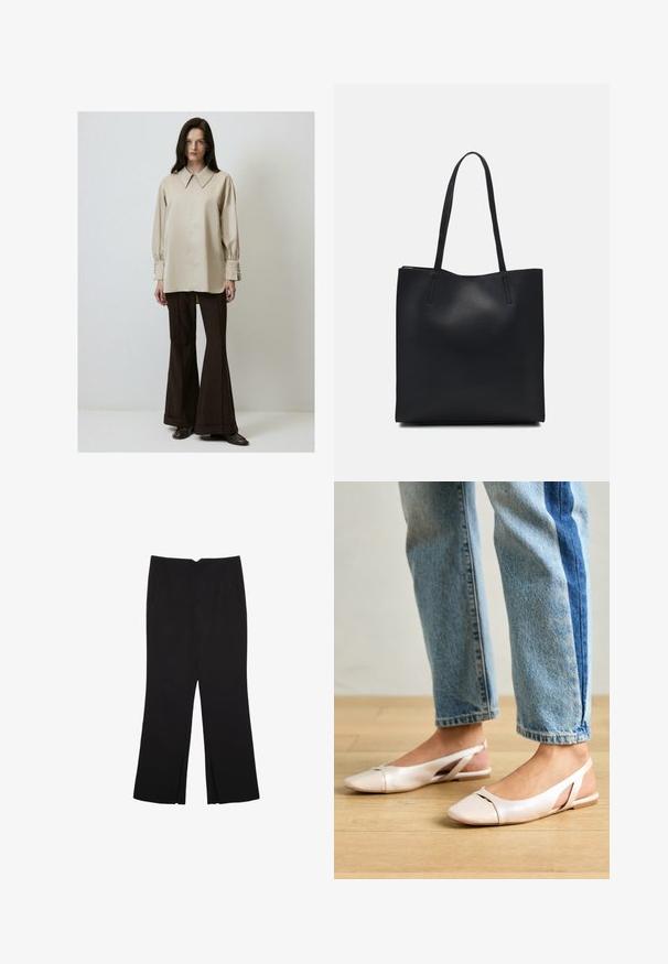 Langærmet, lysebeige skjorte med klassisk krave og knapmanchetter, parret med brune flared bukser og mørke sko.; Sorte bukser med lige pasform, der har frontlommer og slidser i kanten. Lavet af blødt, glat stof. Velegnet til forskellige anledninger.; Lyserøde slingback flade sko med spidse tær, lavet af et glat læderlignende materiale. Har udskæringsdetaljer på siderne og en flad hæl.; Sort læder tote taske med glat tekstur, rektangulær form og to lange hanke. Ingen synlig hardware eller udsmykninger.