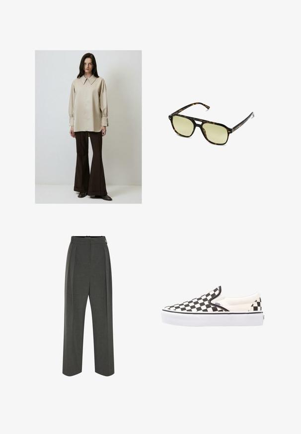 Camicia a maniche lunghe di un leggero beige con colletto classico e polsini abbottonati, abbinata a pantaloni brown a palazzo e scarpe scure.; Pantaloni grigi a gamba larga realizzati in tessuto texturizzato, con vita alta e pieghe frontali. Il design presenta una cintura liscia e nessuna chiusura visibile.; Scarpe Vans slip-on a scacchi bianchi e neri con tomaia in canvas, suola in gomma e colletto imbottito. Punta piatta e rotonda con dettagli bianchi sulla suola.; Occhiali da sole tartaruga con forma rettangolare, lenti con tonalità verde e montatura in acetato decorata. Presentano dettagli metallici vicino alle lenti.; Carlheim ADALINE - Borsa a mano - brown