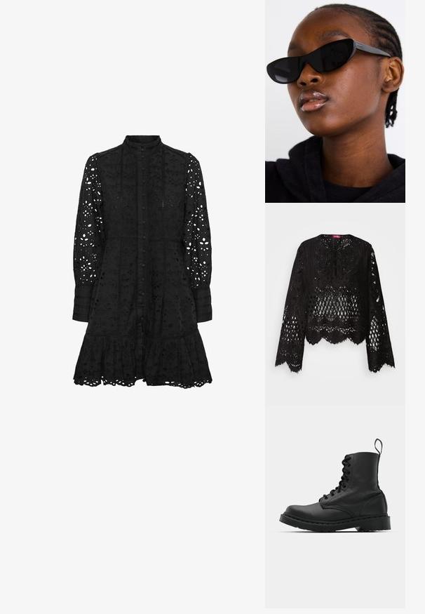 Zwarte kanten blouse met ingewikkelde uitsparingspatronen, golvende randen, lange mouwen en een vetersluiting bij de halslijn. Zachte textuur.; Zwarte geborduurde jurk met een hoge kraag, knoopsluiting aan de voorkant, lange mouwen en een gerimpelde zoom. Heeft uitsnijdingen in bloem- en geometrische patronen.; Zwarte leren gevechtslaars met een ronde neus, vetersluiting aan de voorkant en een lusje bij de enkel. Kenmerkt zich door een dikke rubberen zool voor duurzaamheid.; Zwarte cat-eye zonnebril met een matte afwerking, met een stijlvolle vorm en licht gebogen randen, geplaatst tegen de donkere kleding van een model.; Zilveren oorbellen in de vorm van een gladde, gepolijste ring. Ronde vorm met een veilige kliksluiting. Lichtgewicht ontwerp, geschikt voor dagelijks gebruik.