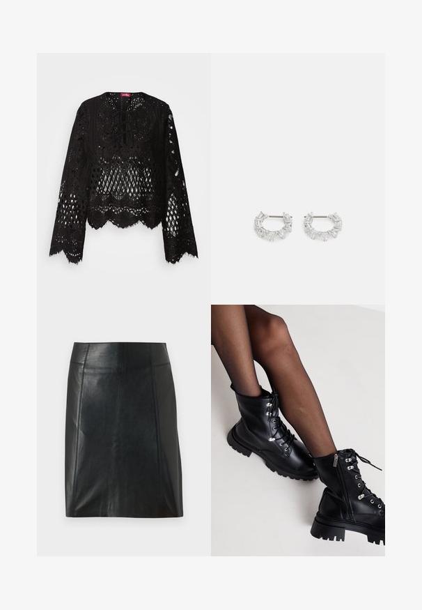 Juodas nėriniuotas bluzonas su sudėtingais išpjovų raštais, banguotomis kraštinėmis, ilgomis rankovėmis ir nėrinių raišteliu prie iškirptės. Minkšta tekstūra.; Juodas odinis sijonas su prigludusia forma. Sklandžiai tekstūra, siūlės apibrėžiančios formą ir tiesus apvadas. Minimalistiškas ir elegantiškas išvaizda.; Even&Odd Wide Fit Suvarstomi aulinukai - black; Sidabrinės auskarų kabliukų formos auskarai, papuošti aiškiais, stačiakampiais ir trikampiais kristalais, kurie išdėstyti raštuotu dizainu. Tvirtinimai, užtikrinantys saugų prilaikymą.