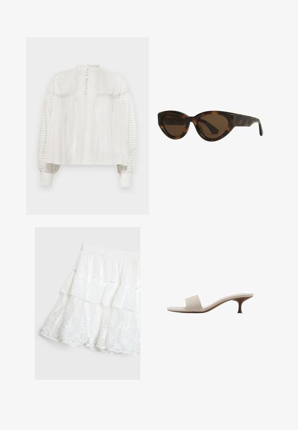 Hvid bluse med høj hals, knaplukning, struktureret front og puffede ærmer med plisseret stof og elastiske manchetter.; Hvid lagdelt nederdel lavet af letvægtsstof, med en flæse-design og blomsterlacemønster ved kanten. Elastisk talje.; Hæl-løs sandal med en beige vævet stofoverdel, åben tå og buet træsål. Designet har en glat tekstur og minimalistisk form.; Skildpadde øjenkat solbriller med brune linser, der har glatte, blanke plastrammer og et slankt design. Ingen synlige logoer eller accenter.; Hvid hårklips formet som en blomst med en lys gul gradient, der har en fjeder-mekanisme og en glat plastoverflade.